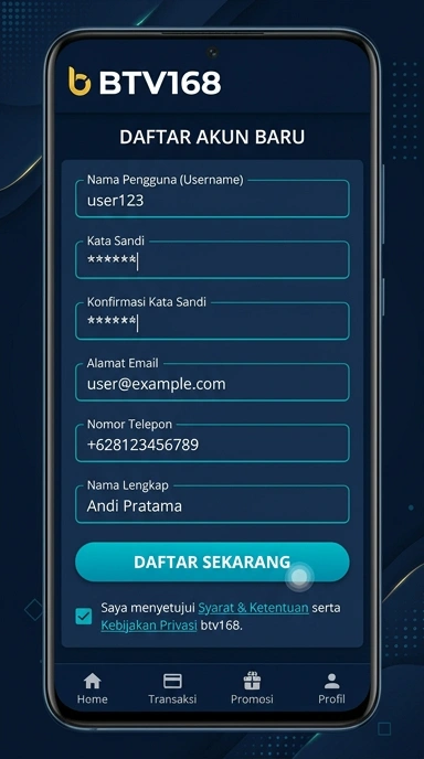 Tampilan halaman daftar btv168
